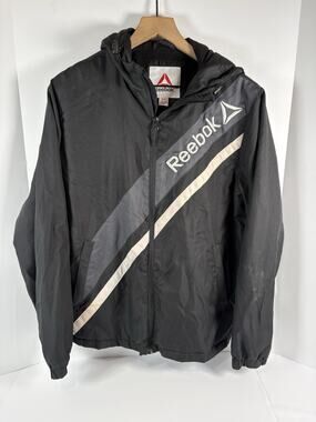 Reebok Hooded Windbreaker Jacket Mens Small Black Full Zip Athletic Logo Coat